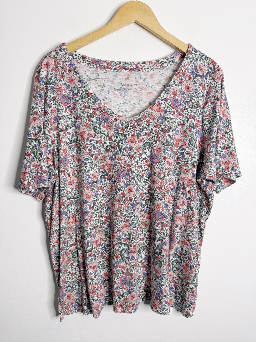J. Jill Pima Slub Elbow Sleeves Tee Floral Paisley White Multi 2X Summer Spring